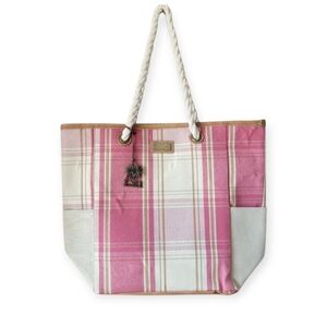 Sun n Sand Beach tote in pink and cream plaid rope handle large